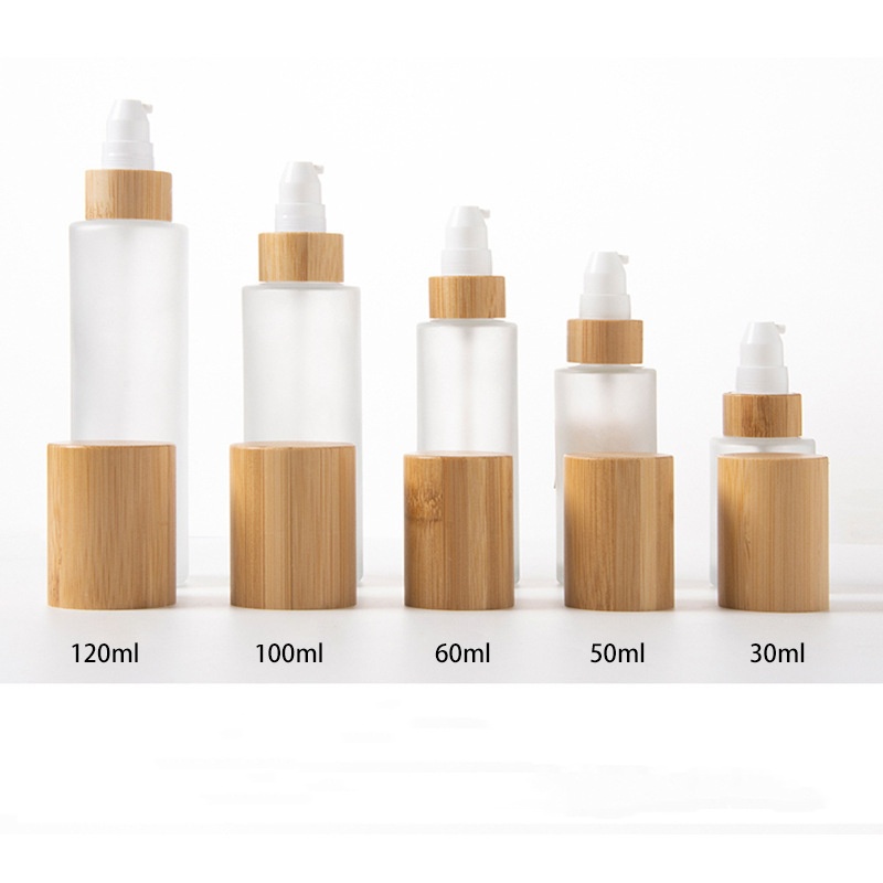 Frostet kosmetisk lotionpumpe Fin tåke og lotion glass sprayflaske med bambus trelokk Frostet kosmetisk lotionpumpe Fin tåke og lotion glass sprayflaske med bambus trelokk