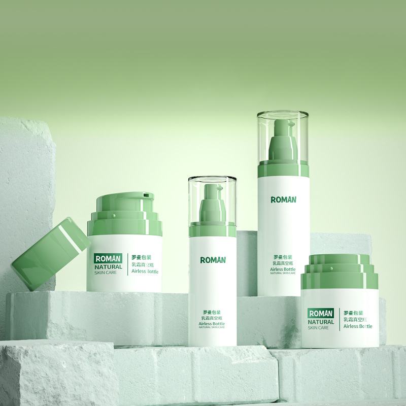 Kosmetisk plastemballasje ansiktskremflaske 30 ml 50 ml 80 ml grønn luftløs pumpeflaskesett med galvanisering for anti-age serumflaske