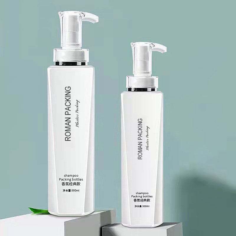 Luxury White 300ml 500ml Long and Slim Lotion Pump Shampoo Bottle Shower Gel Body Wash Emballasje med gullpumpe