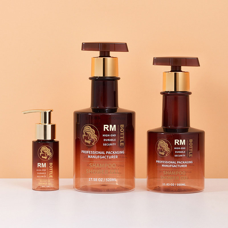 Gratis prøve Amber Black Gold Langhalset sjampoflaske Tom håndvaskflaske Plast Body Lotion Pumpeflasker 300ml 500ml